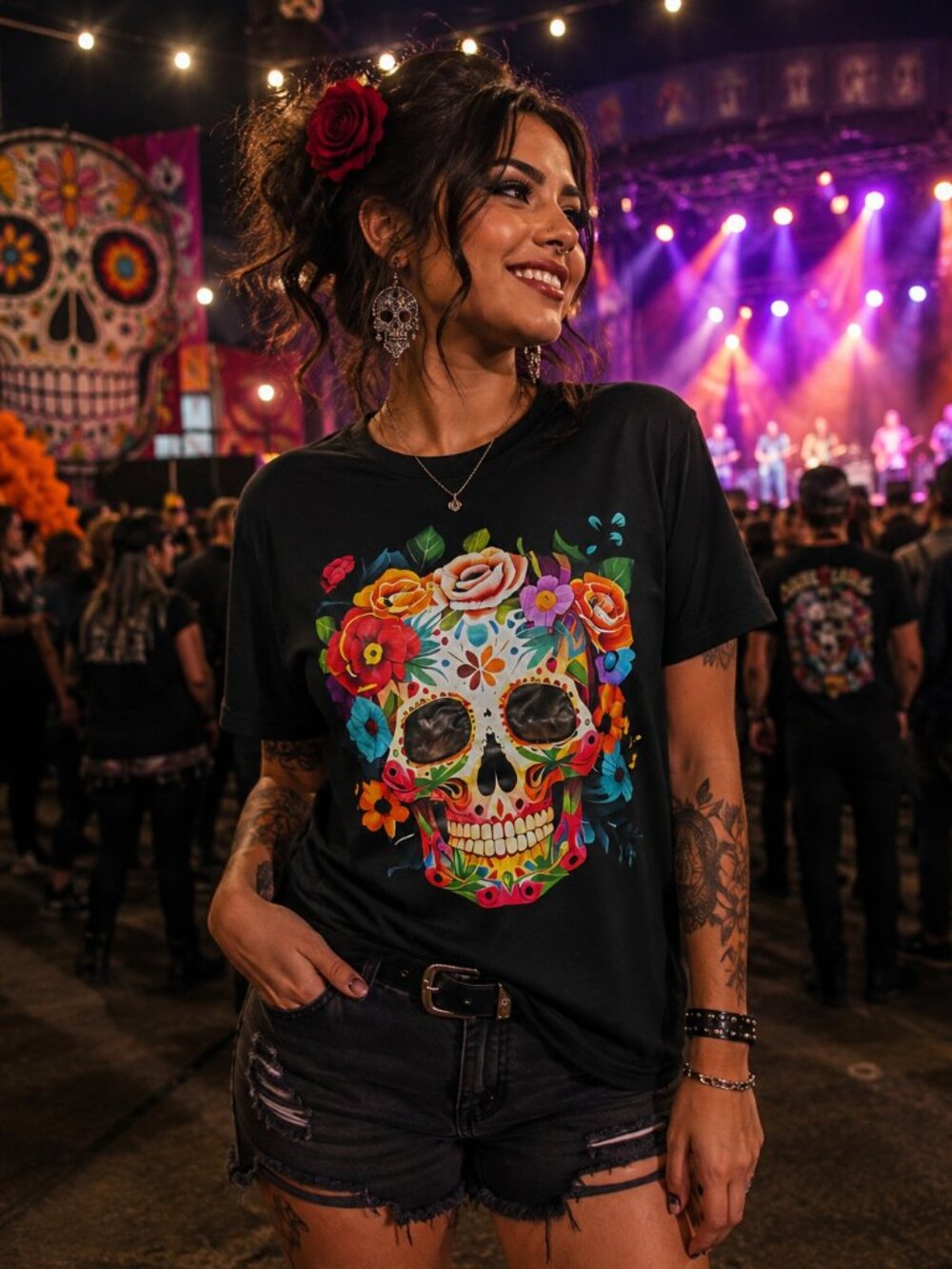 SHEIN Sugar Skull Floral Graphic Tee Womens Small Black Day of the Dead Hallowee